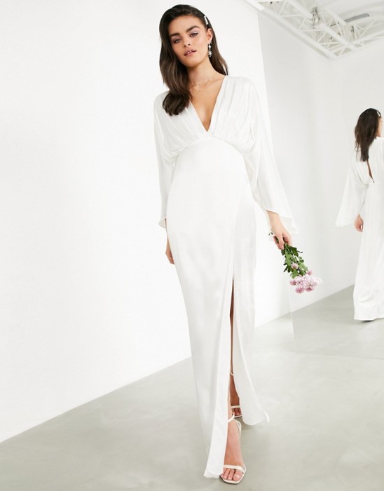 SATYNOWA SUKNIA V NECK ECRU (34)