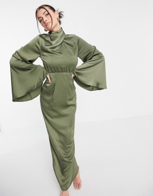 KHAKI SATYNOWA SUKIENKA MAXI (38)