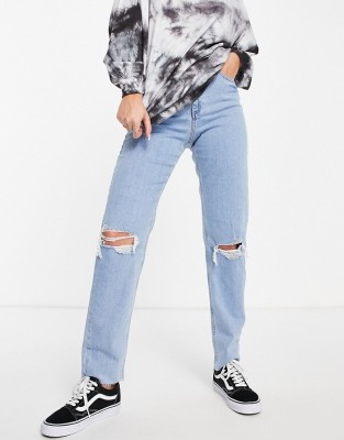 NIEBIESKIE MOM JEANS DZIURY (28/32)