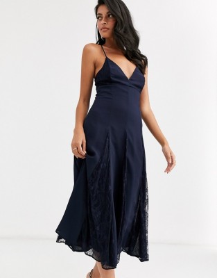 GRANATOWA SUKIENKA V-NECK KORONKA (36)