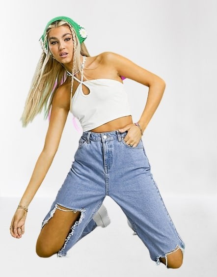 NIEBIESKIE MOM JEANS DZIURY (W32L32)