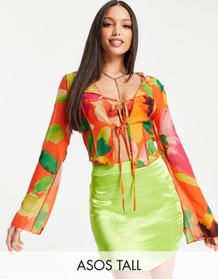 Pomarańczowy top print wiązanie (44)