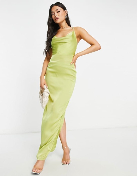 Limonkowa satynowa sukienka maxi (40)