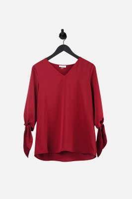 Bordowa satynowa bluzka v neck (S)