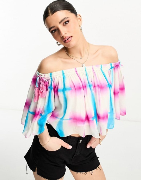 Kolorowa krótka bluzka off shoulder (S)