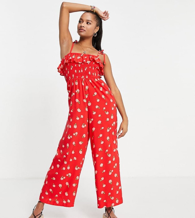 Miss Selfridge Petite Strappy Shirred Jumpsuit In R.jpg