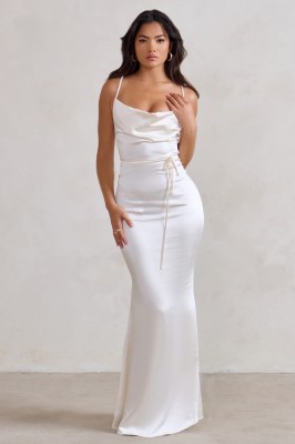 Ecru satynowa sukienka maxi (40)