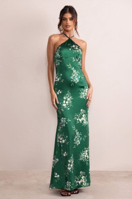 Zielona satynowa sukienka floral print (42)