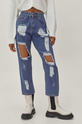 Niebieskie mom jeans 7/8 dziury (36)