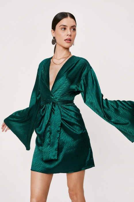 Dark green Animal Jacquard Satin V Neck Mini_yythkg.jpg