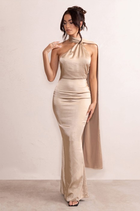 Satynowa beżowa sukienka maxi (40)