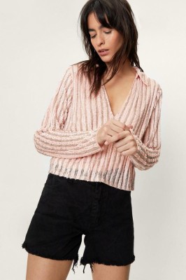 Różowa zdobiona bluzka v neck (34)