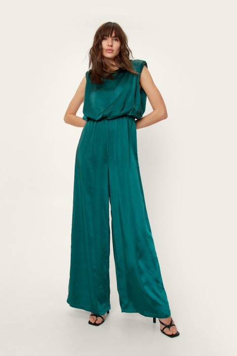 Dark green Satin Shoulder Padded Wide Leg Jumpsuit_.jpg