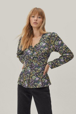 Czarna bluzka wzór kwiaty v neck (34)