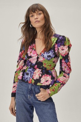 Czarna bluzka wzór kwiaty v neck (34)