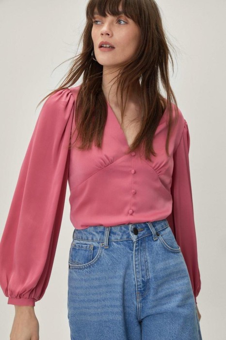 Różowa bluzka v neck długi rękaw (32)