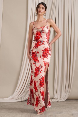 Beżowa satynowa sukienka wzór kwiaty (36)