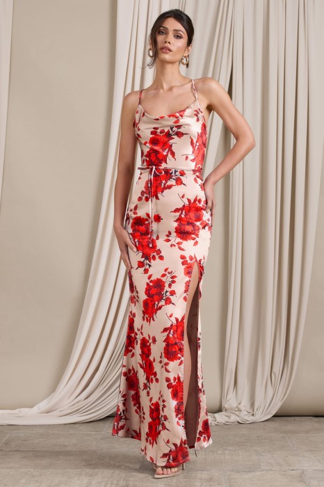 Beżowa satynowa sukienka wzór kwiaty (36)