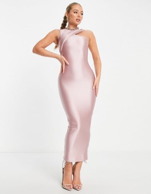 Różowa satynowa sukienka midi (S)