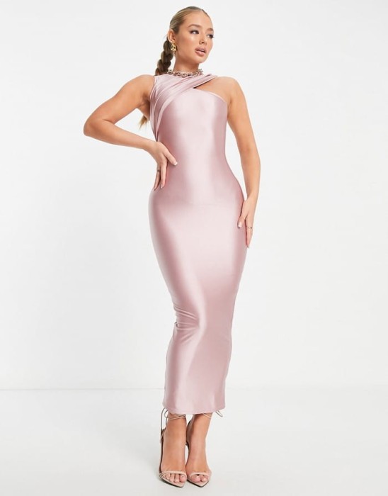 Różowa satynowa sukienka midi (S)