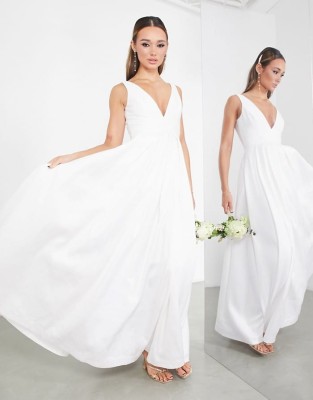 Śmietankowa suknia v neck (42)