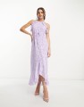 Liliowa sukienka midi pasek wzór (2XL)