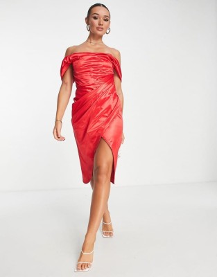 Czerwona satynowa sukienka midi (36)