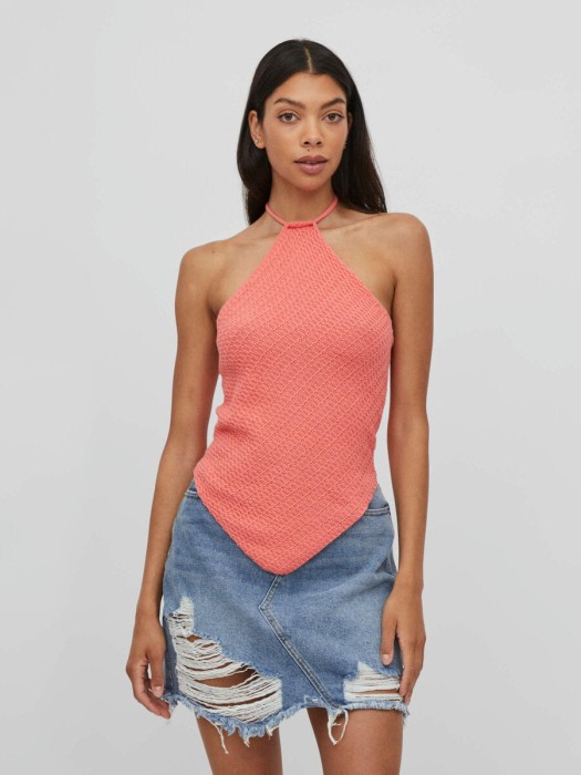 Koralowy top sweterkowy (M)