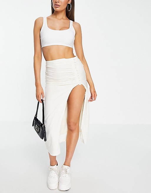 Żółta drapowana spódnica midi (42)