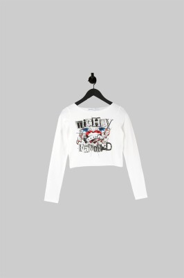 Śmietankowy t-shirt długi rękaw nadruk (M)