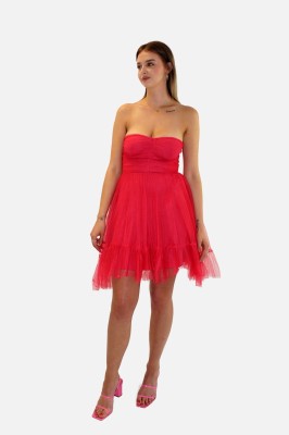 Różowa tiulowa sukienka off shoulder (M)