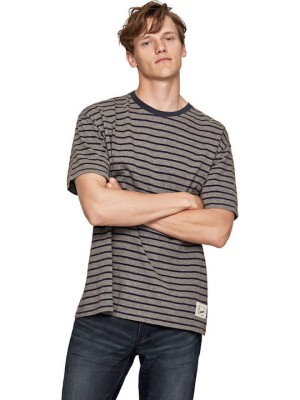 Szary t-shirt granatowe paski (S)