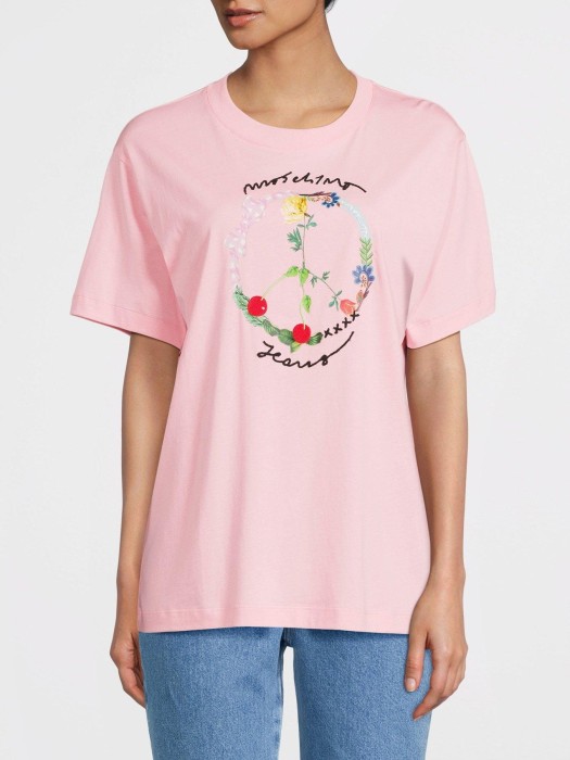 Różowy prosty t-shirt nadruk (XL)