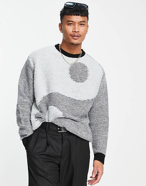 Jasnoszary pleciony sweter (M)