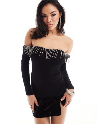 Czarny prążkowany sweter cyrkonie (38)