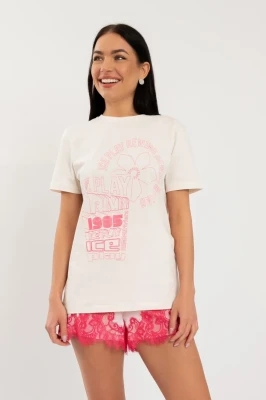 Śmietankowy t-shirt nadruk (S)