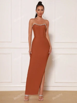 Brązowa sukienka maxi cyrkonie (S)