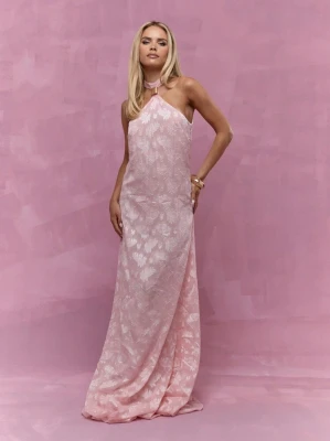 Różowa sukienka maxi wzór (XS)