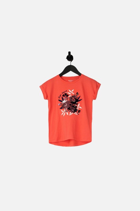 Koralowy t-shirt cekiny haft