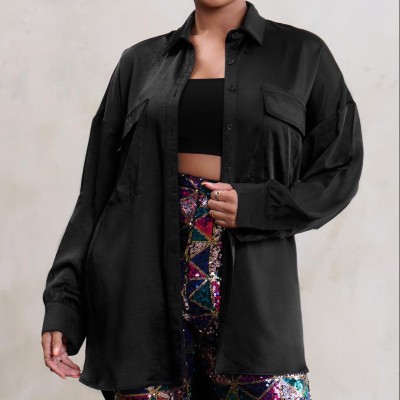 Czarna satynowa koszula oversize (44)