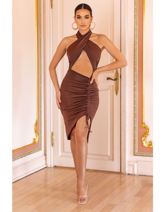 Brązowa sukienka marszczenia (46)