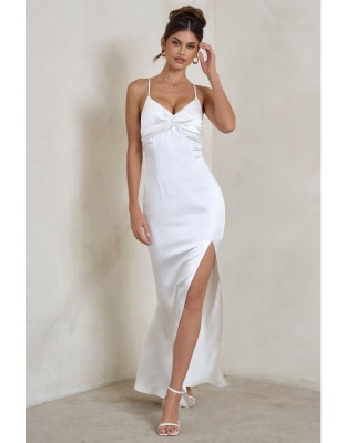 Biała satynowa sukienka maxi rozcięcie (42)