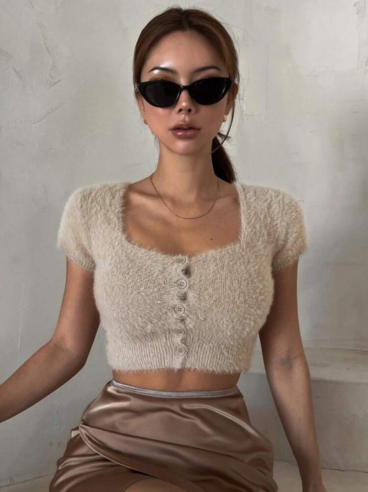 Beżowy dzianinowy top guziki (XL)