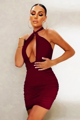 Bordowa mini sukienka głęboki dekolt (46)