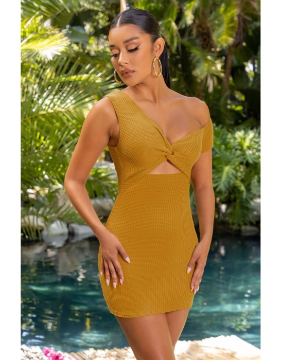 Musztardowa sukienka mini cut out (40)