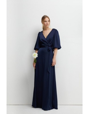 Granatowa satynowa sukienka pasek (36)