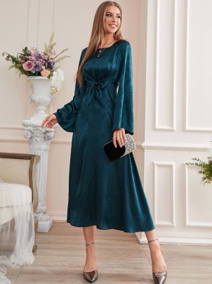 Morska satynowa sukienka midi kwiaty (M)