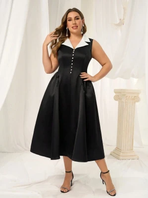 Czarna sukienka midi biały kołnierz (3XL)