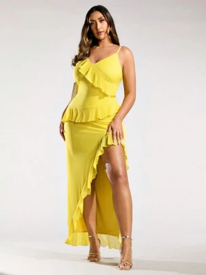 Żółta asymetryczna sukienka falbany (0XL)