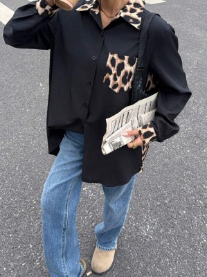 Czarna koszula wzorzyste wstawki (S)